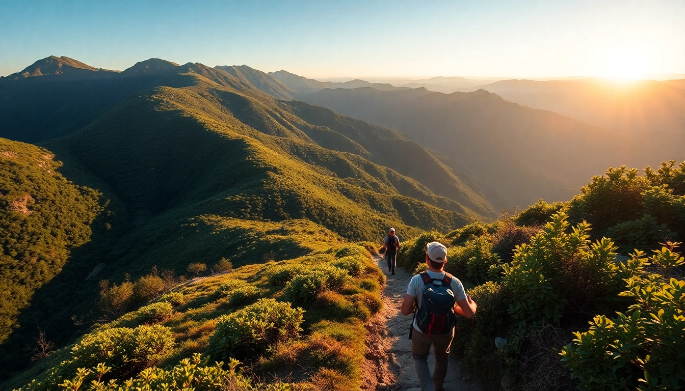 Hiking activity on scenic mountain trail with lush greenery and outdoor enthusiasts enjoying nature.