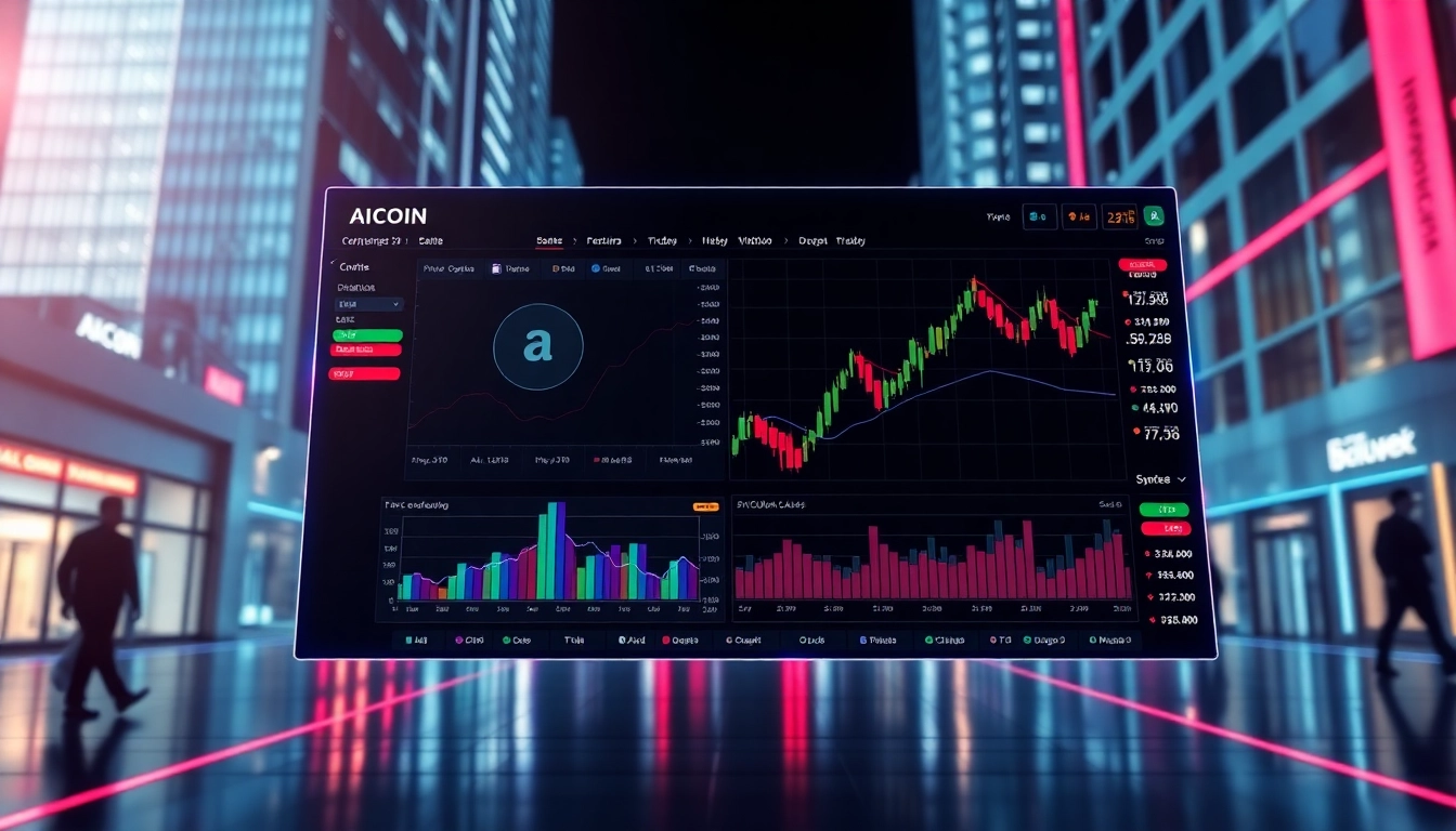 High-quality AICoin trading platform interface showing real-time charts, analytics, and security features to attract crypto traders.