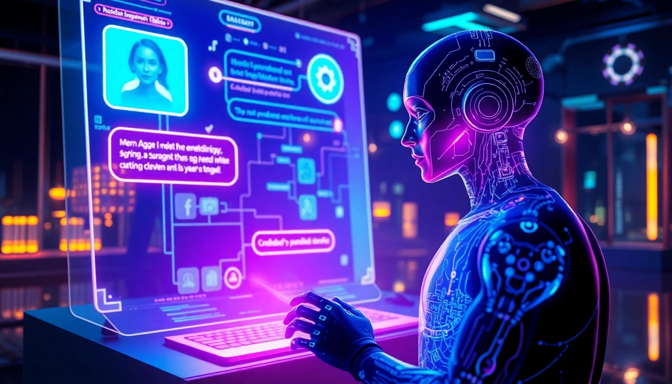 Futuristic AI chatbot interaction scene with holographic displays and digital humanoid figure
