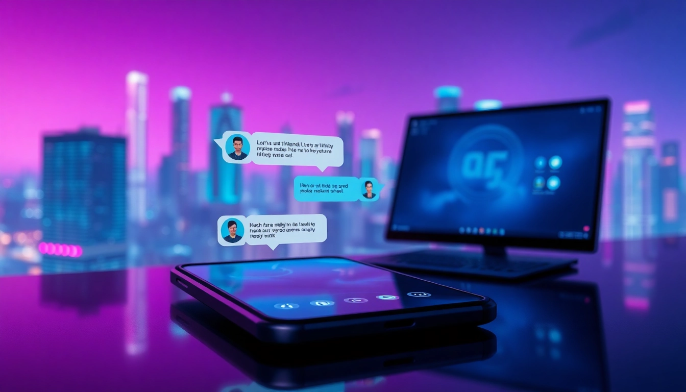Futuristic chat interface on smartphone and desktop with neon cityscape in background