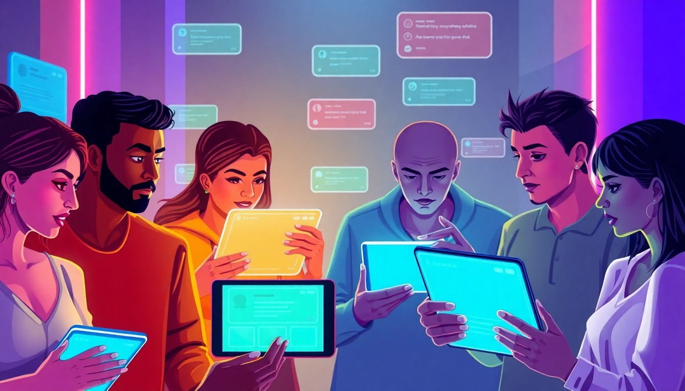 Engaging scene of users interacting with nsfw ai chat platforms, highlighting advanced technology and discreet conversations for adult entertainment purposes.