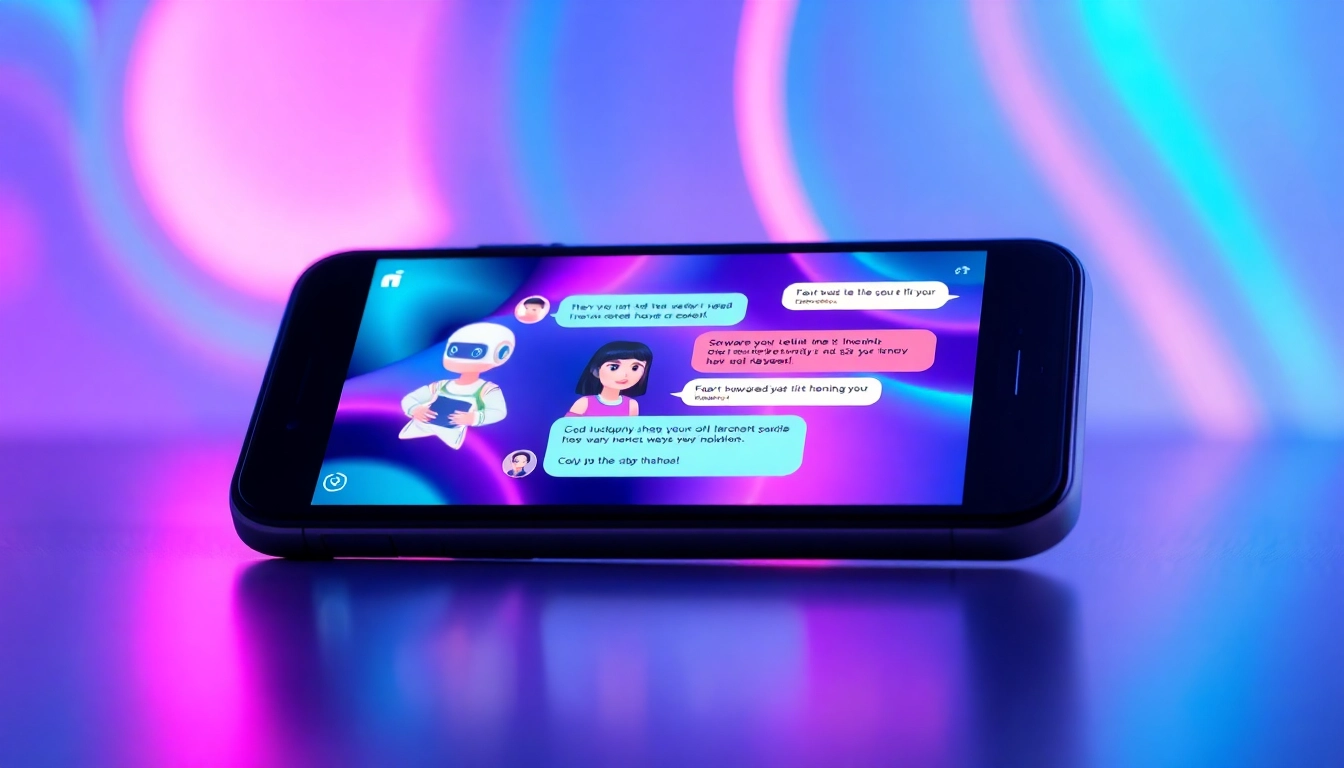 Futuristic AI chat interface on a mobile device with colorful background and animated characters