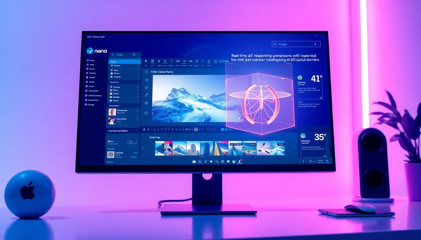 Futuristic workspace with Nano Banana AI interface showcasing advanced image editing capabilities