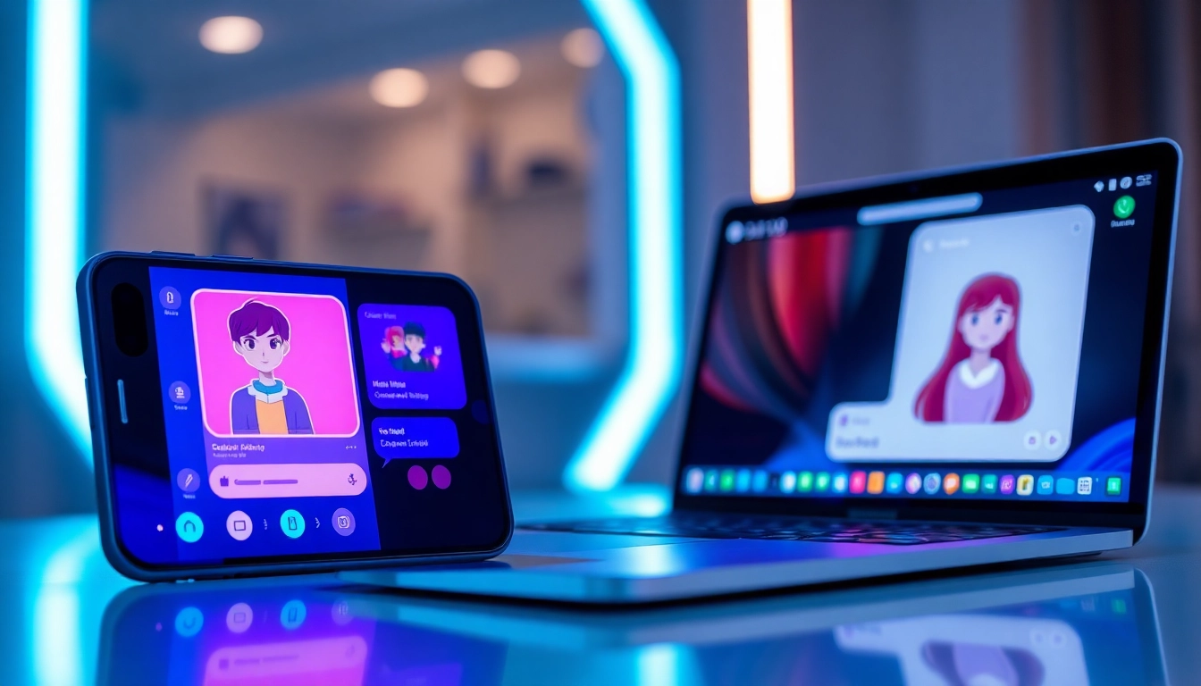 An illustration of a smartphone and laptop showing AI chat interfaces with colorful, animated characters, emphasizing modern virtual interaction.