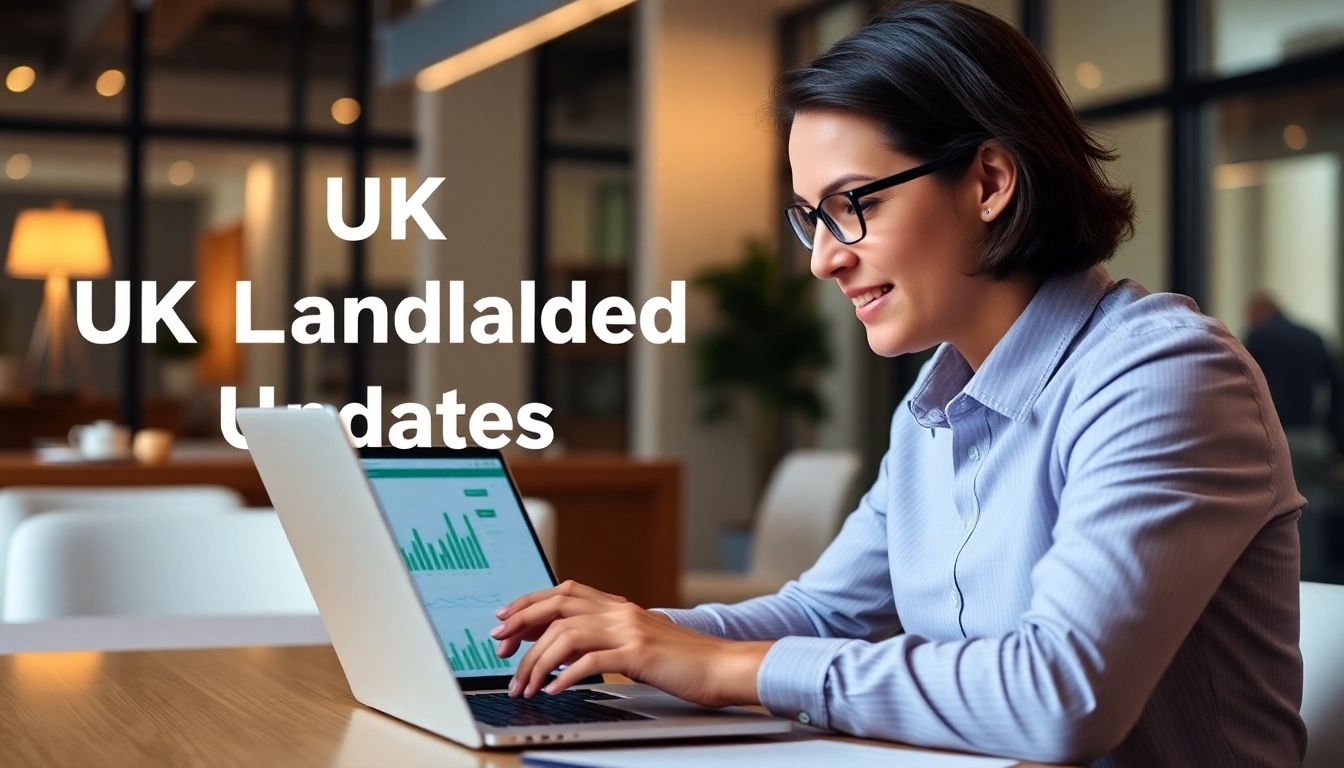 UK Landlord Updates reviewing property market trends on laptop in a modern office setting